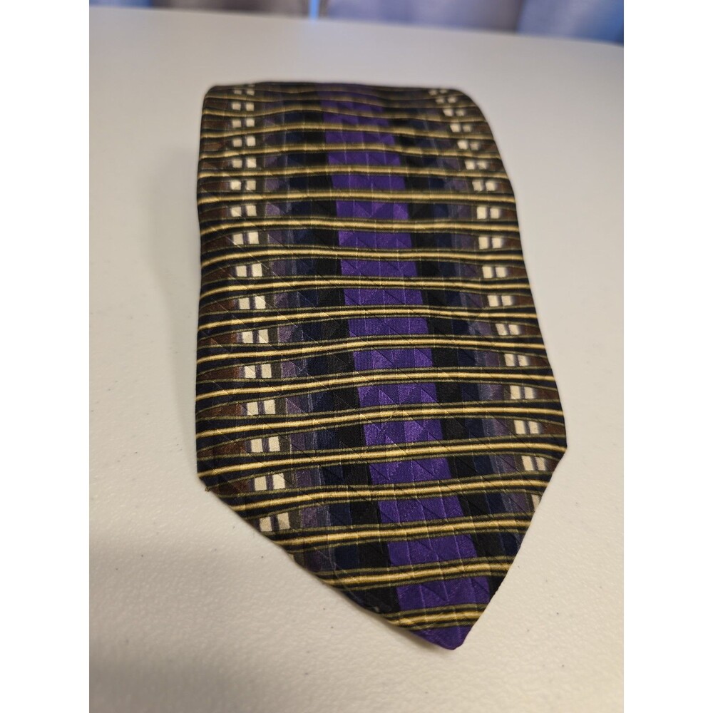 Palatina Vintage 1990s Purple, Black & Gold Geometric Striped Silk Tie Made USA